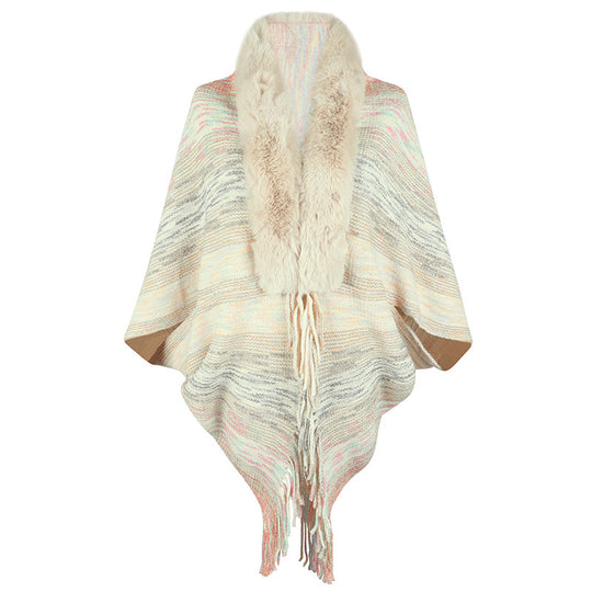 Damen eleganter Poncho mit luxuriösem Kunstfellkragen und fransigem Saum R&B