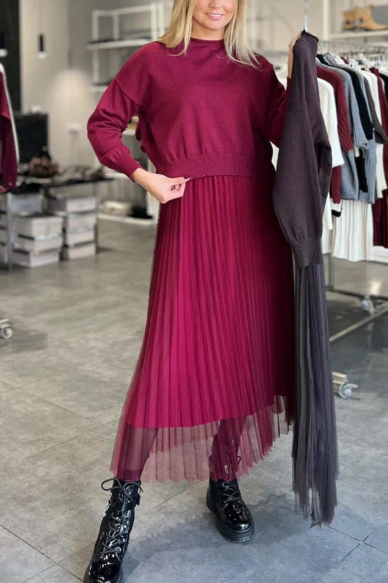 Damen Elegantes Faltenrock- und Pullover Set R&B