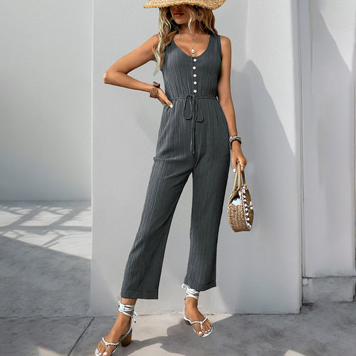 Damen eleganter Jumpsuit mit Knopfleiste und taillierbarem Gürtel R&B
