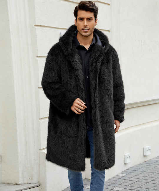 Herren Luxuriöser Kunstfellmantel mit Kapuze R&B