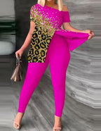 Damen Einseitig schulterfreier Jumpsuit mit animalischem Druck und Glitzerakzenten R&B