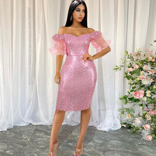 Damen Glitzerndes Cocktailkleid mit schulterfreiem Design und voluminösen Puffärmeln R&B