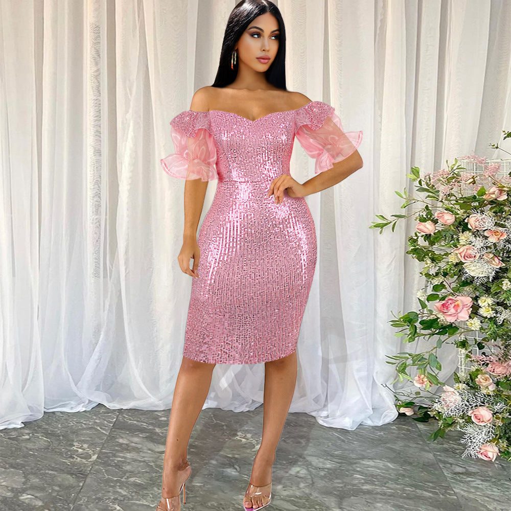 Damen glamouröses Abendkleid mit Glitzer und transparenten Puffärmeln R&B