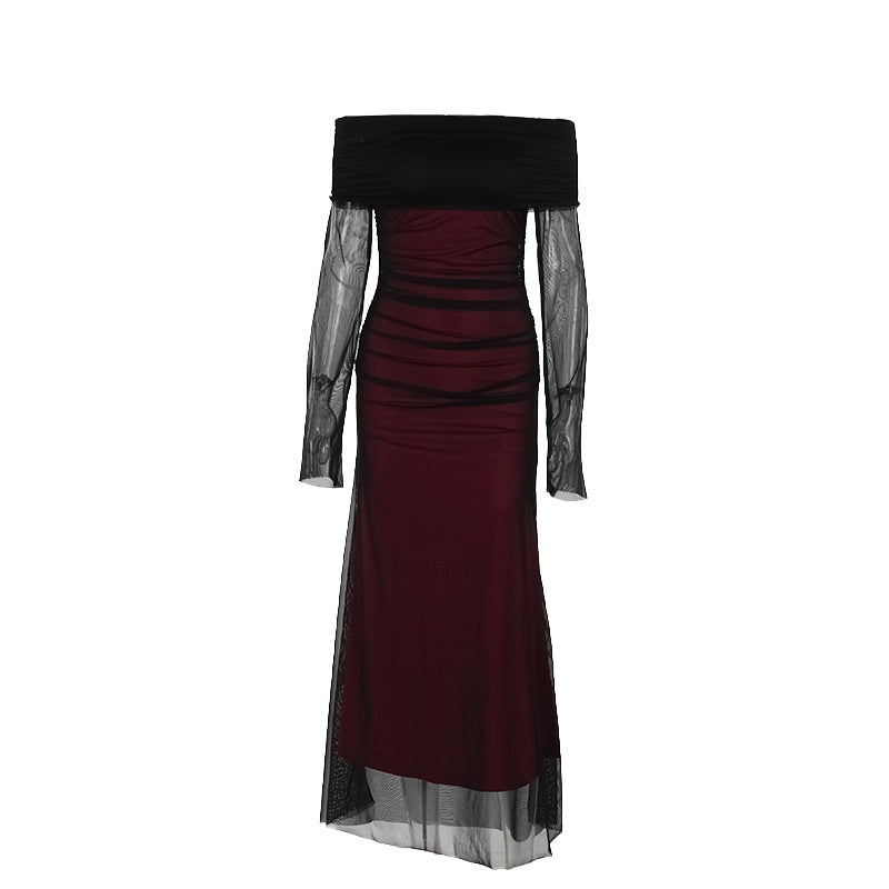 Damen figurbetontes Maxikleid mit schulterfreiem Design und Rüschendetails R&B