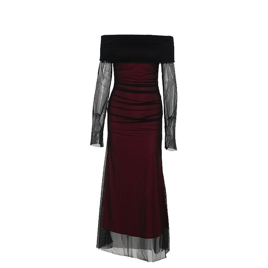 Damen figurbetontes Maxikleid mit schulterfreiem Design und Rüschendetails R&B