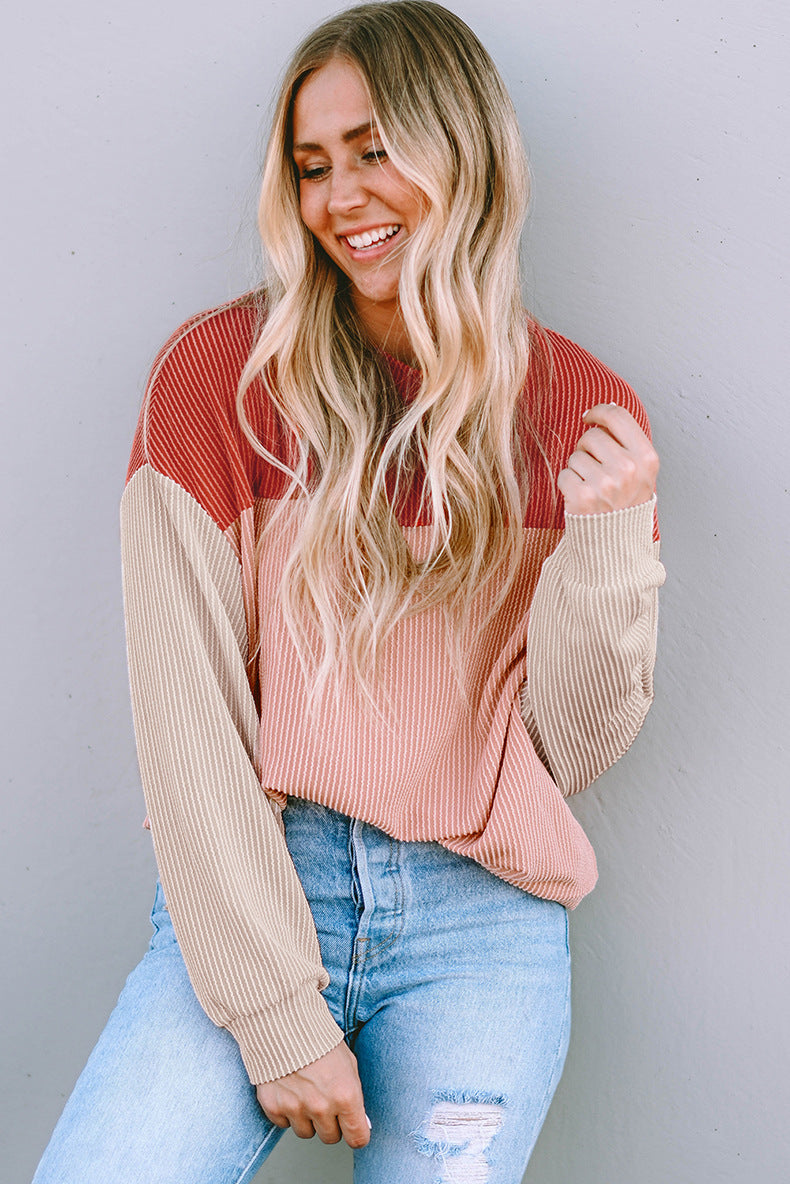 Damen lässiger Pullover mit Rippstruktur und Farbblöcken R&B