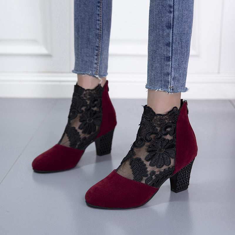 Damen elegante Ankle-Stiefeletten mit floralen Spitzenverzierungen R&B