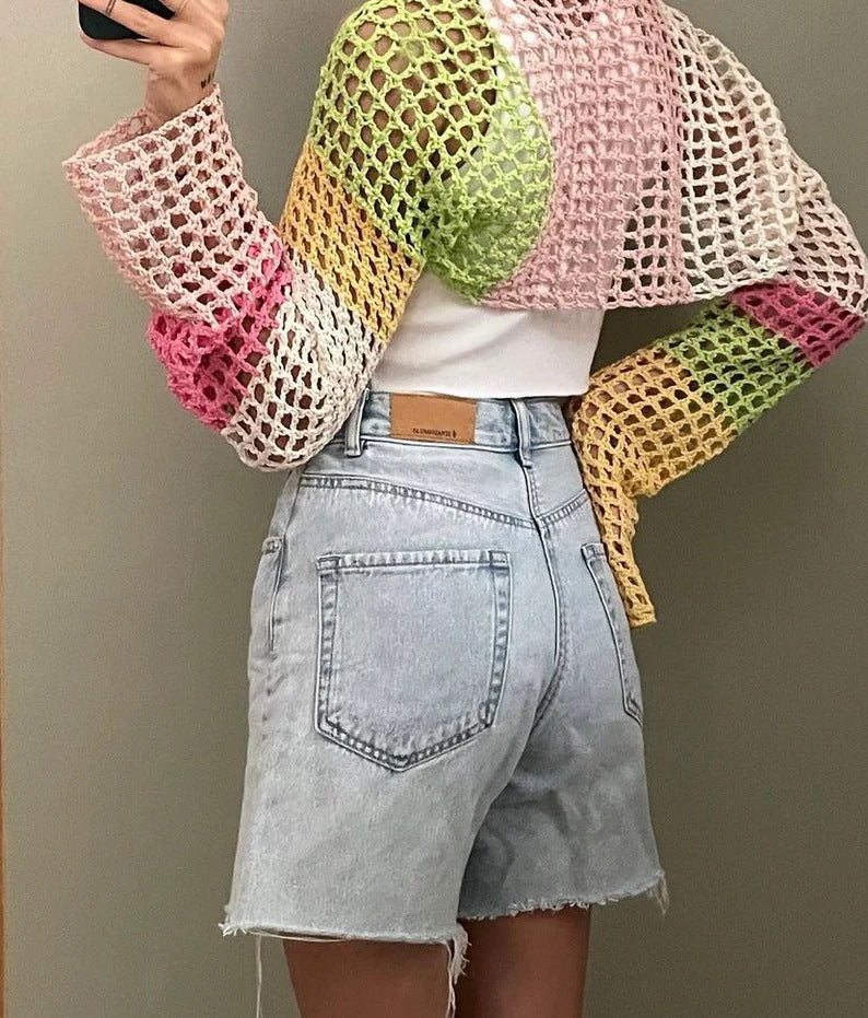 Damen gehäkeltes Langarm-Oberteil mit buntem Netzdesign R&B