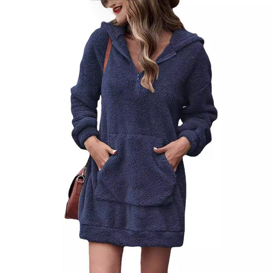 Damen Fleece-Kapuzenkleid mit Taschen und Reißverschluss R&B