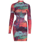 Damen figurbetontes Cut-Out Kleid mit hochgeschlossenem Kragen und luxuriösem Muster R&B