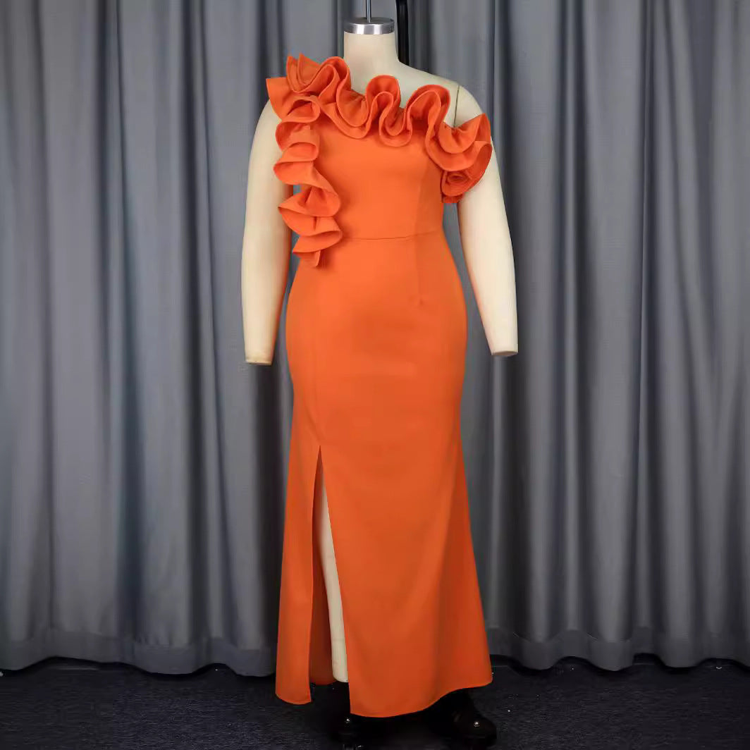 Damen Elegantes Maxikleid mit asymmetrischem Rüschenakzent und sexy Schlitz R&B
