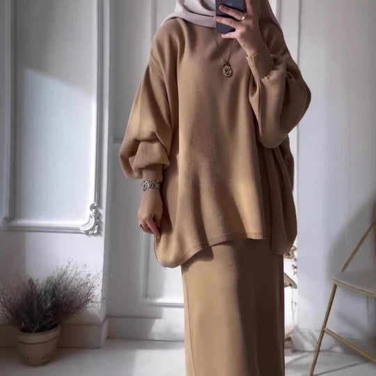 Damen Lässiges Zweiteiler-Kleidungsset mit weitem Schnitt und eleganten Puffärmeln R&B