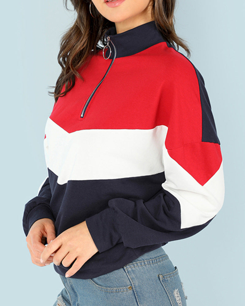 Damen sportlicher Sweatshirt mit hohem Kragen und farblich abgesetztem Design R&B