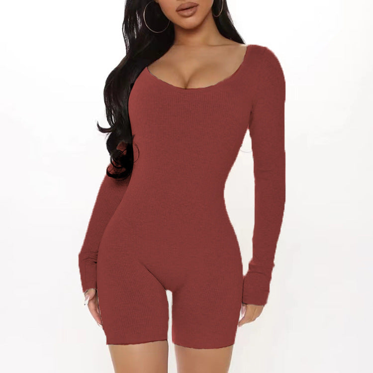 Damen Figurbetonter Jumpsuit mit langen Ärmeln und V-Ausschnitt R&B