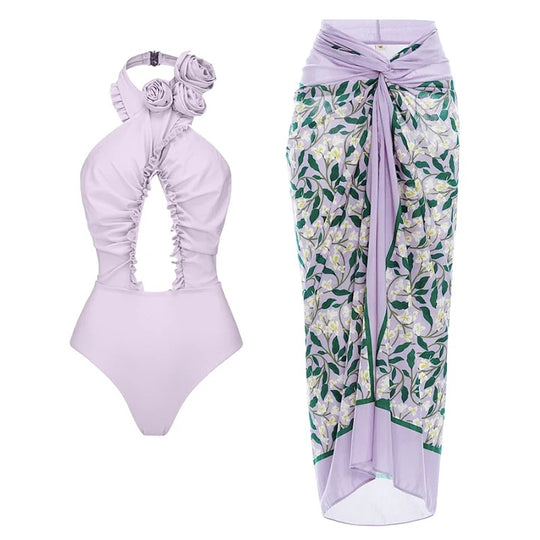 Damen Einteiliger Badeanzug mit floralem Cut-Out und Rüschen R&B