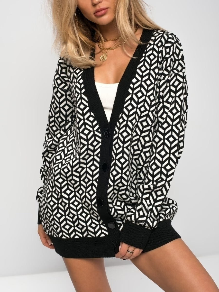 R&B | Strickjacke Strick Übergröße Passform Wollmischung V-Ausschnitt Geometrisches Muster
