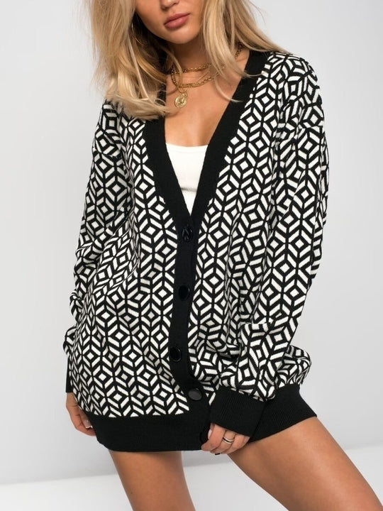 R&B | Strickjacke Strick Übergröße Passform Wollmischung V-Ausschnitt Geometrisches Muster
