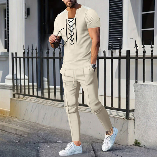 Herren modisches Kurzarm-Henley-T-Shirt mit strukturiertem Design und dekorativer Schnürung R&B
