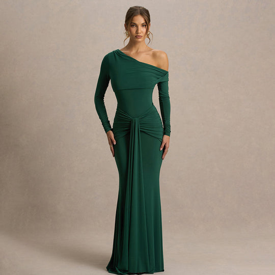 Damen figurbetontes Maxikleid mit asymmetrischem Design und Faltenwurf R&B