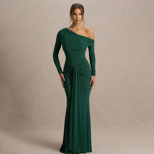 Damen figurbetontes Maxikleid mit asymmetrischem Design und Faltenwurf R&B