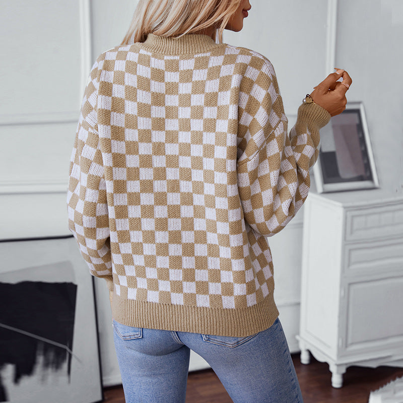 Damen lässiger V-Ausschnitt Pullover mit Karo-Muster und lockerer Passform R&B
