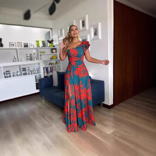 Damen Maxikleid mit asymmetrischen Rüschen und hohem Schlitz R&B