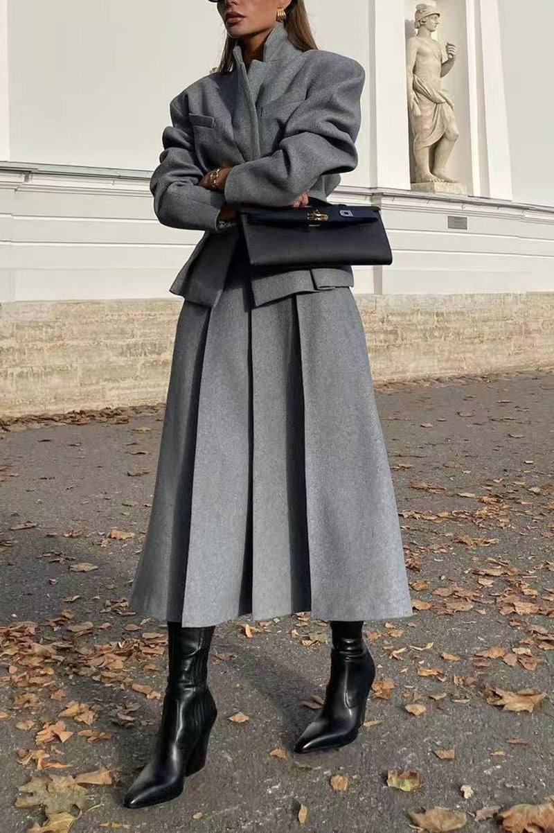 R&B | Einreihiger Schlanker Wollanzugjacke und Rock Zweiteiliges Satz