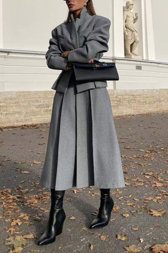 R&B | Einreihiger Schlanker Wollanzugjacke und Rock Zweiteiliges Satz
