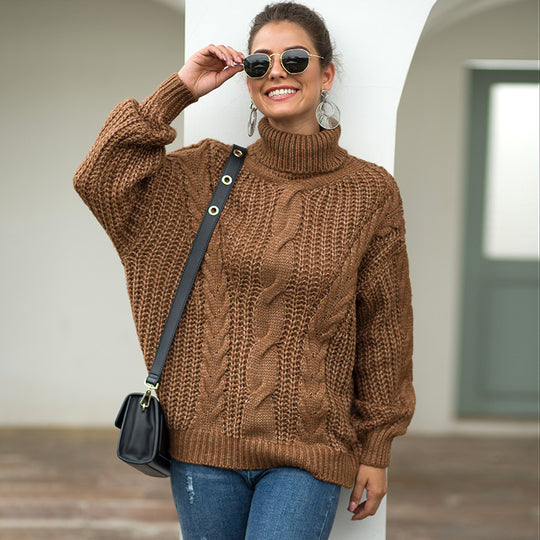Damen Grobstrickpullover mit hohem Kragen und Zopfmuster R&B
