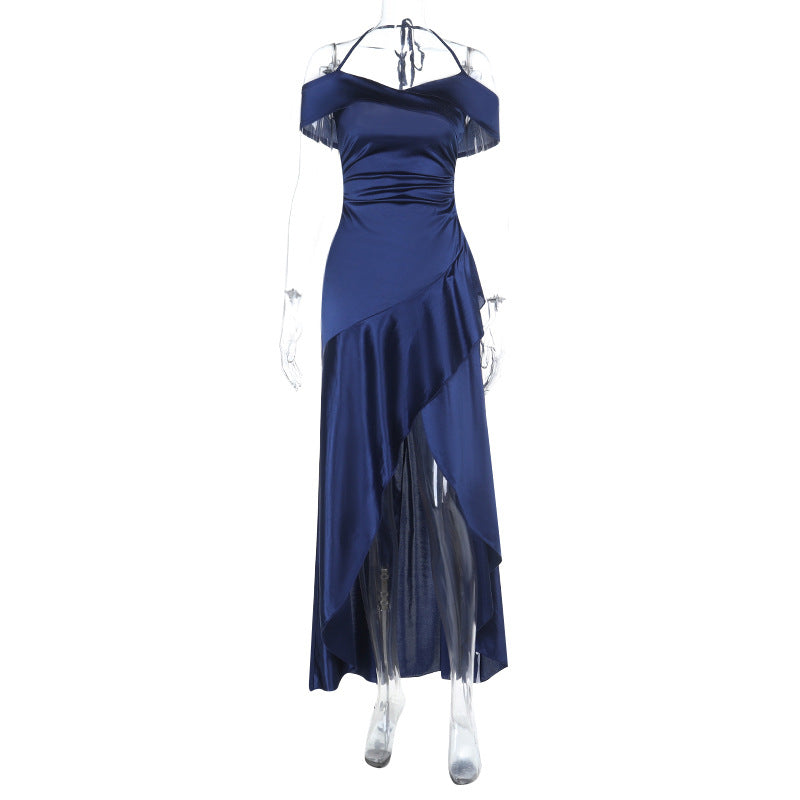 Damen schulterfreies Maxikleid mit asymmetrischem Saum und elegantem Wickeldesign R&B