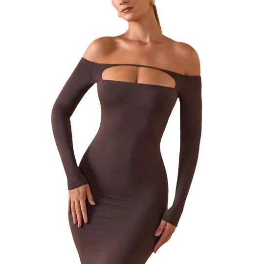 Damen Figurbetontes Langarmkleid mit Cut-Out-Design und schulterfreiem Stil R&B