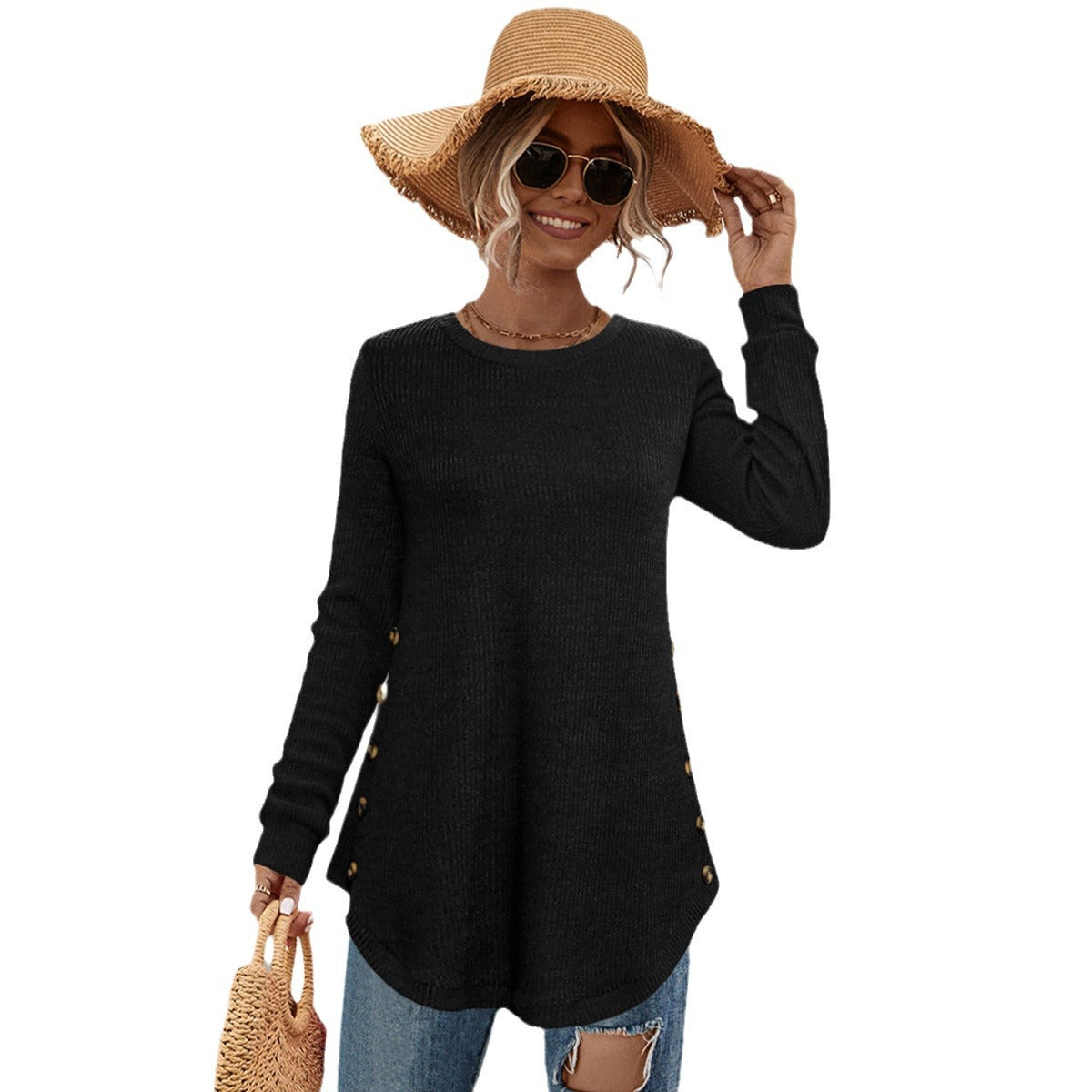 Damen Langarmshirt mit Knopfdetails und asymmetrischem Schnitt R&B