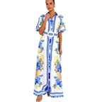 Damen Maxikleid mit floralem Knopfleisten-Design und tailliertem Gürtel R&B