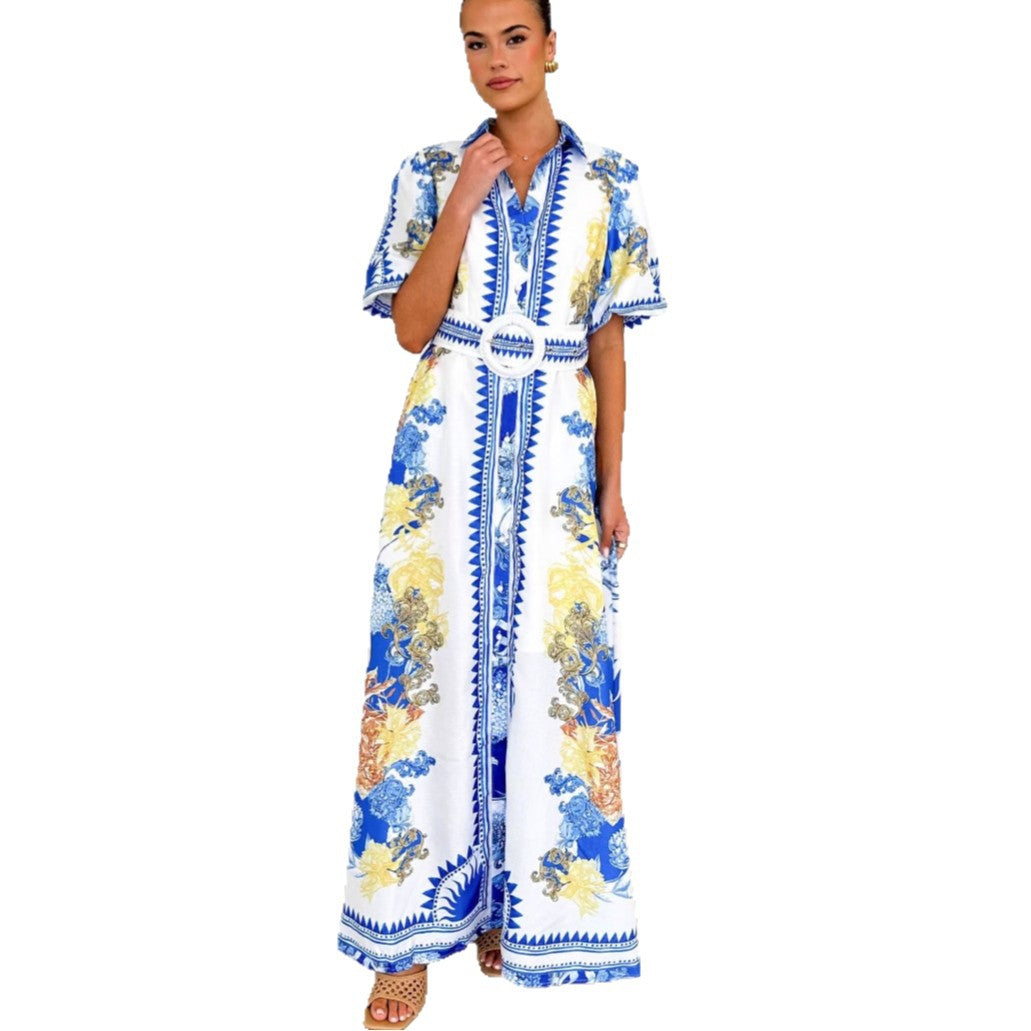Damen Maxikleid mit floralem Knopfleisten-Design und tailliertem Gürtel R&B
