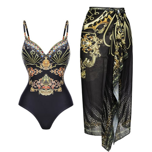Damen Einteiler Badeanzug mit elegantem Design und passendem Wickeltuch R&B