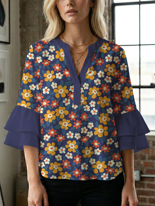 Damen Bluse mit voluminösen Flügelärmel und intensivem Blattmuster R&B