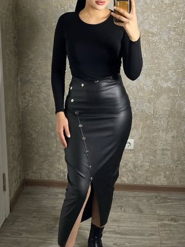 Damen Hochtaillierter Kunstleder-Rock mit Knopfdetails und Schlitz R&B