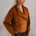 Damen Trendige Kurzjacke im lässigen Biker-Stil mit asymmetrischem Reißverschluss und tiefem Kragen R&B