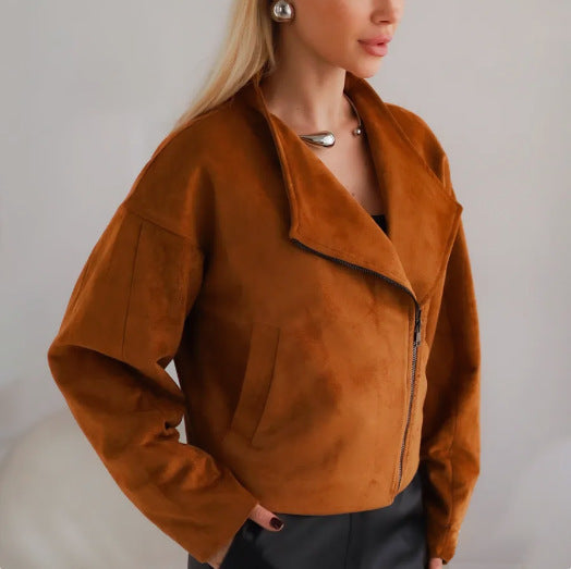 Damen Trendige Kurzjacke im lässigen Biker-Stil mit asymmetrischem Reißverschluss und tiefem Kragen R&B