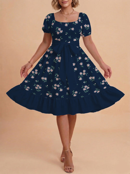 Damen Blumenkleid mit taillierbarem Gürtel und voluminösen Ärmeln R&B