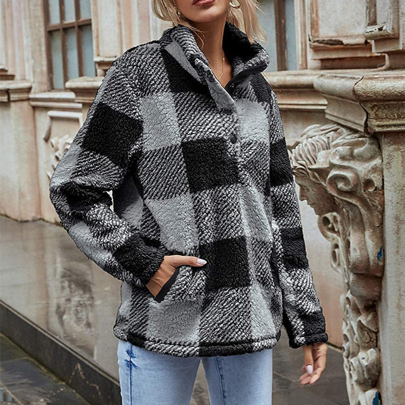 Damen Gemusterte Teddyjacke mit modernem Kragen und praktischen Taschen R&B