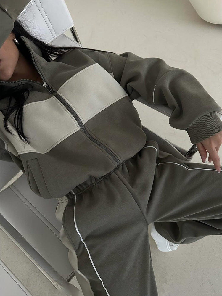 Damen nan sportives Jogginganzug-Set mit durchgehendem Reißverschluss, kontrastierendem Brustpanel und weitem Komfortbund R&B