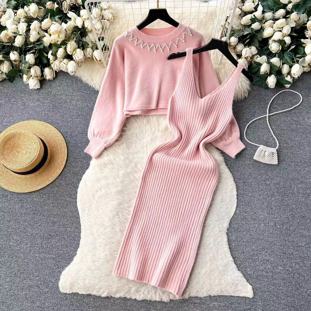 Damen Elegantes Strickkleid mit raffinierter Ribstruktur und stylischem Crop-Pullover R&B