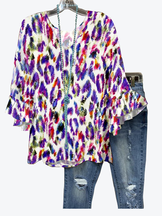 Damen Bluse mit voluminösen Ärmeln und farbenfrohem Muster R&B