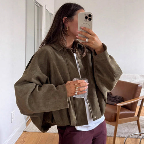 Damen nan weite Kurzjacke mit Ballonbund, verdecktem Verschluss und Schulterklappen R&B