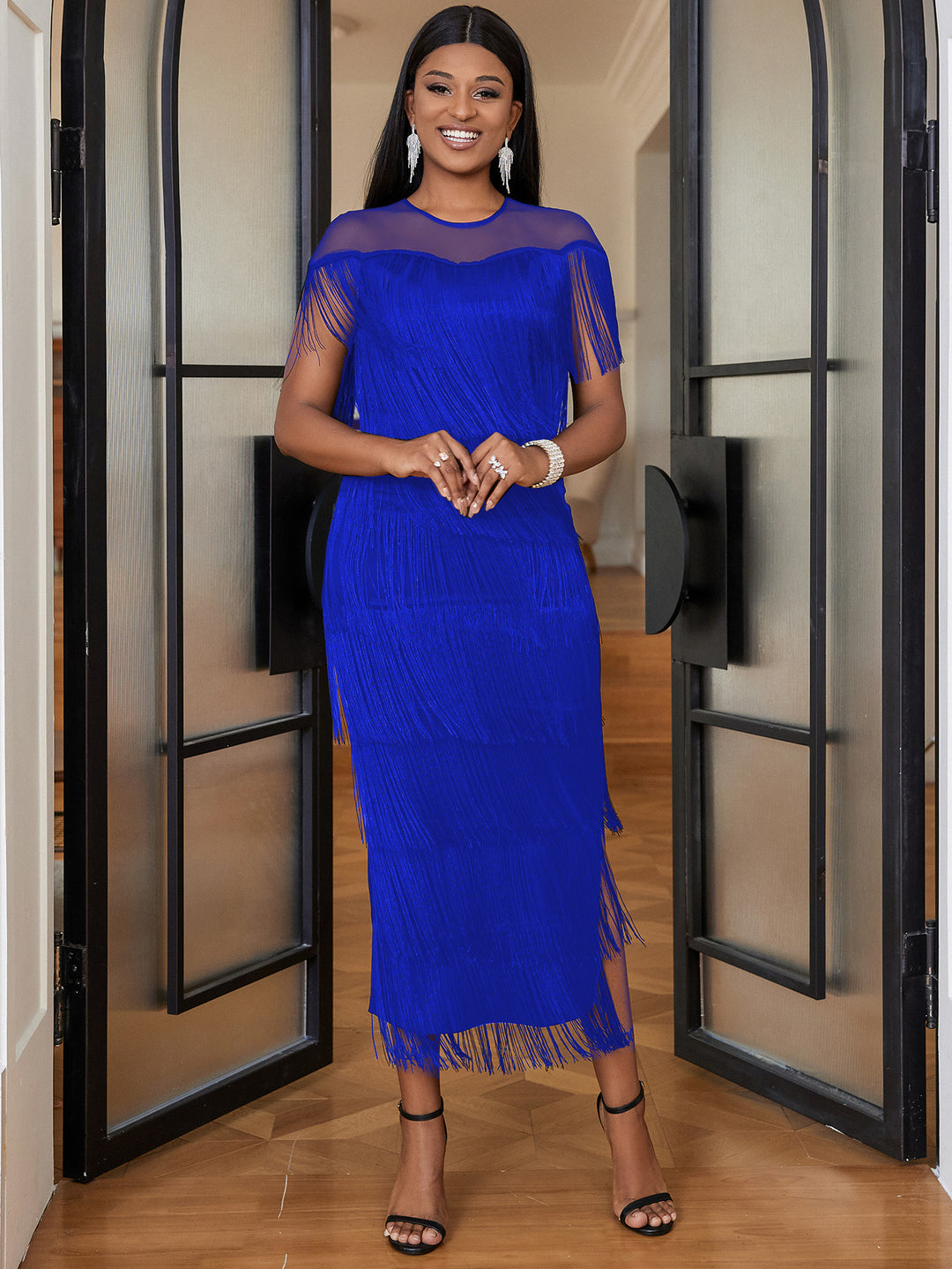 Damen Fransen Maxikleid mit halber Transparenz R&B