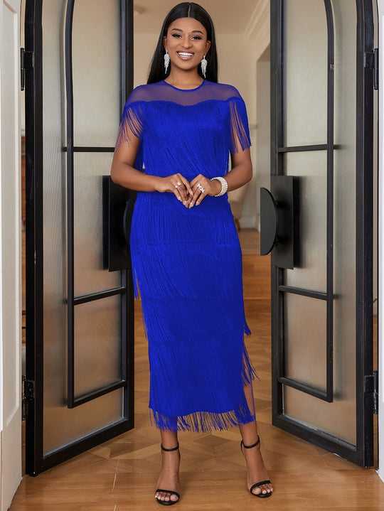 Damen Fransen Maxikleid mit halber Transparenz R&B