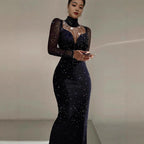 Damen Elegantes Abendkleid mit transparenten Ärmeln und schimmerndem Sternenmuster R&B