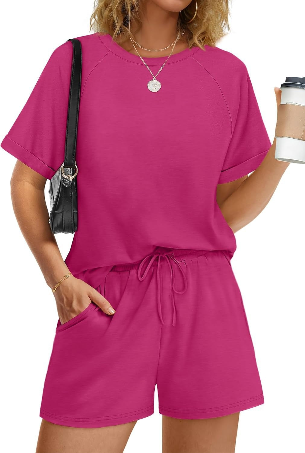 Damen lässiger Kombi aus T-Shirt und Shorts mit elastischem Bund R&B