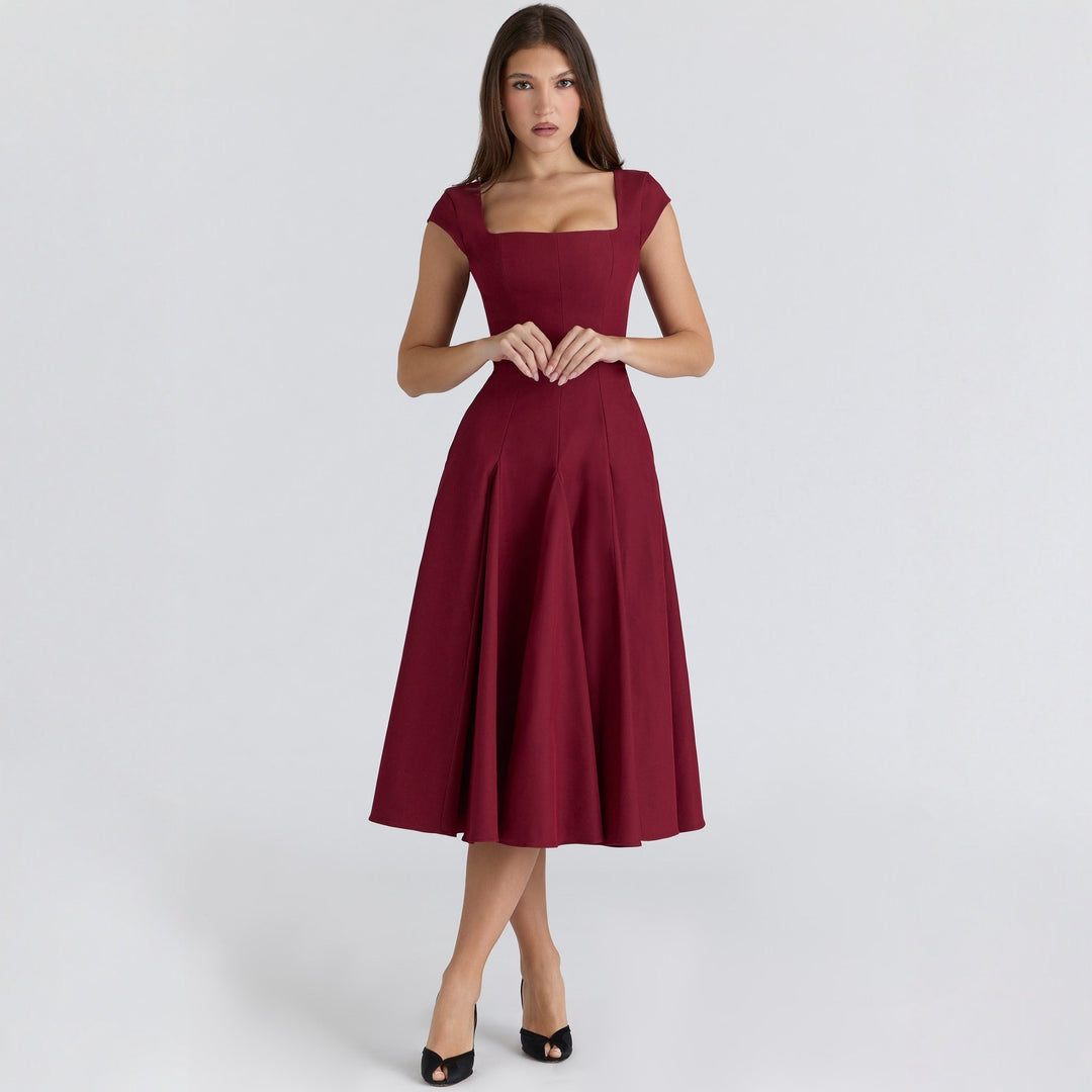 Damen Midi-Kleid mit quadratischem Ausschnitt und weit schwingendem Rock R&B
